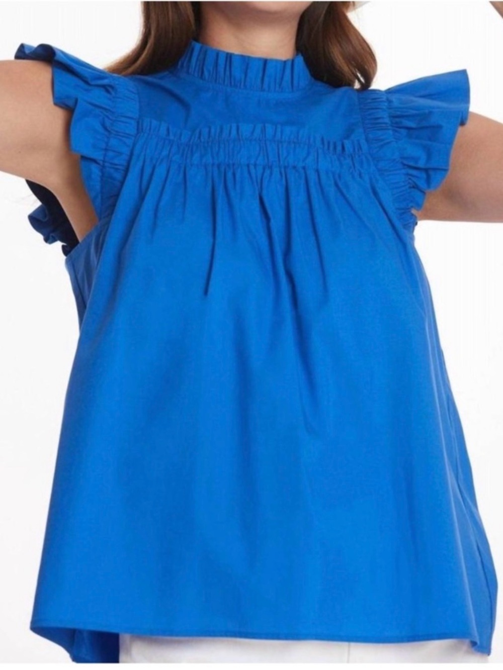 Tyler Boe Royal Blue Ruffle Sleeve Smocked Yoke Shirt